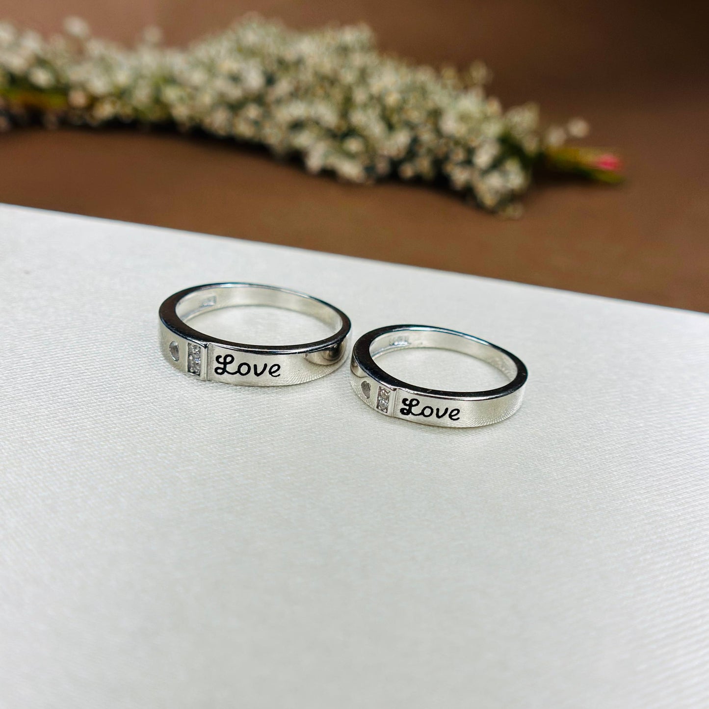 Love Engraved Couple Rings in Pure 925 Silver with CZ Accents