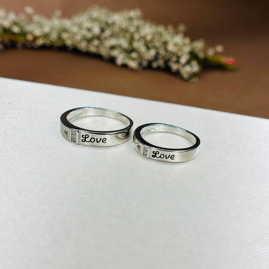 Love Engraved Couple Rings in Pure 925 Silver with CZ Accents