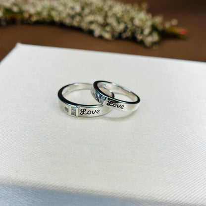 Love Engraved Couple Rings in Pure 925 Silver with CZ Accents