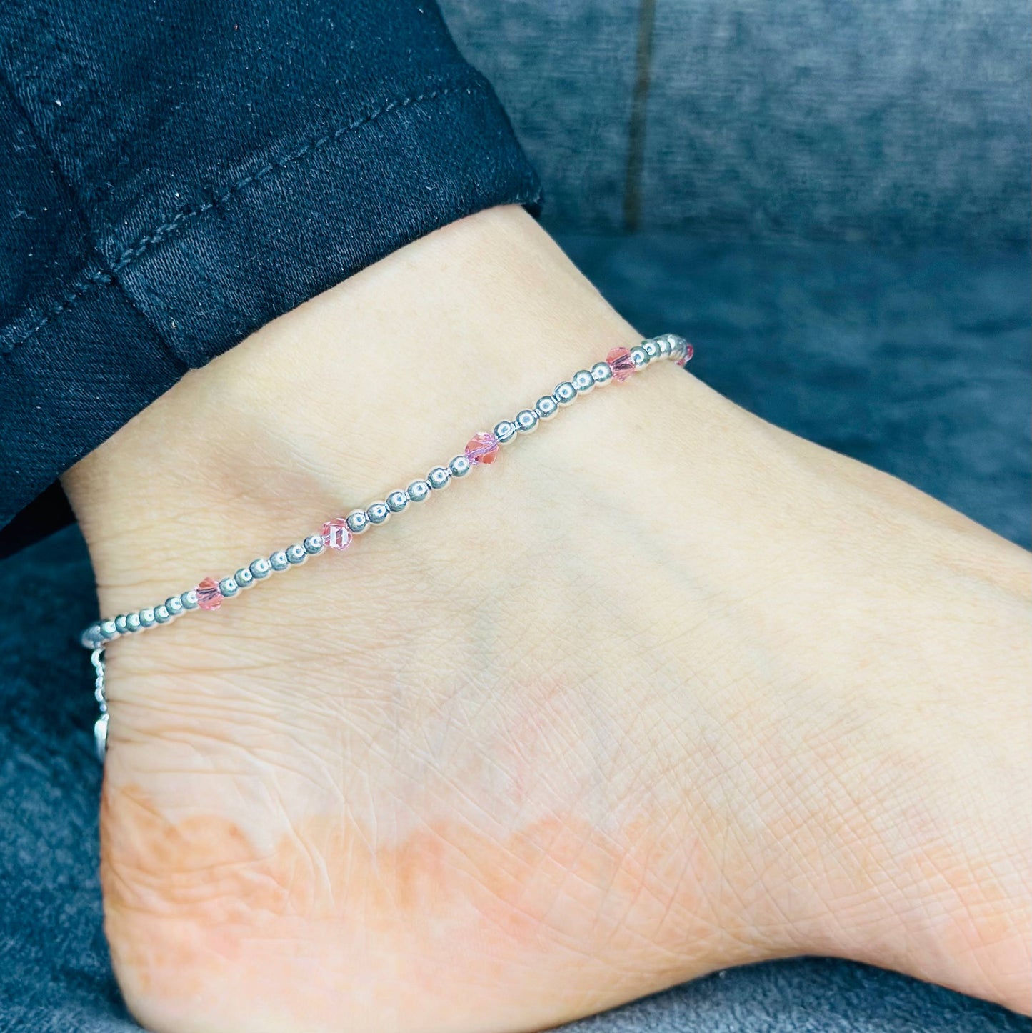 925 Sterling Silver Beaded Anklet with Colorful Crystals