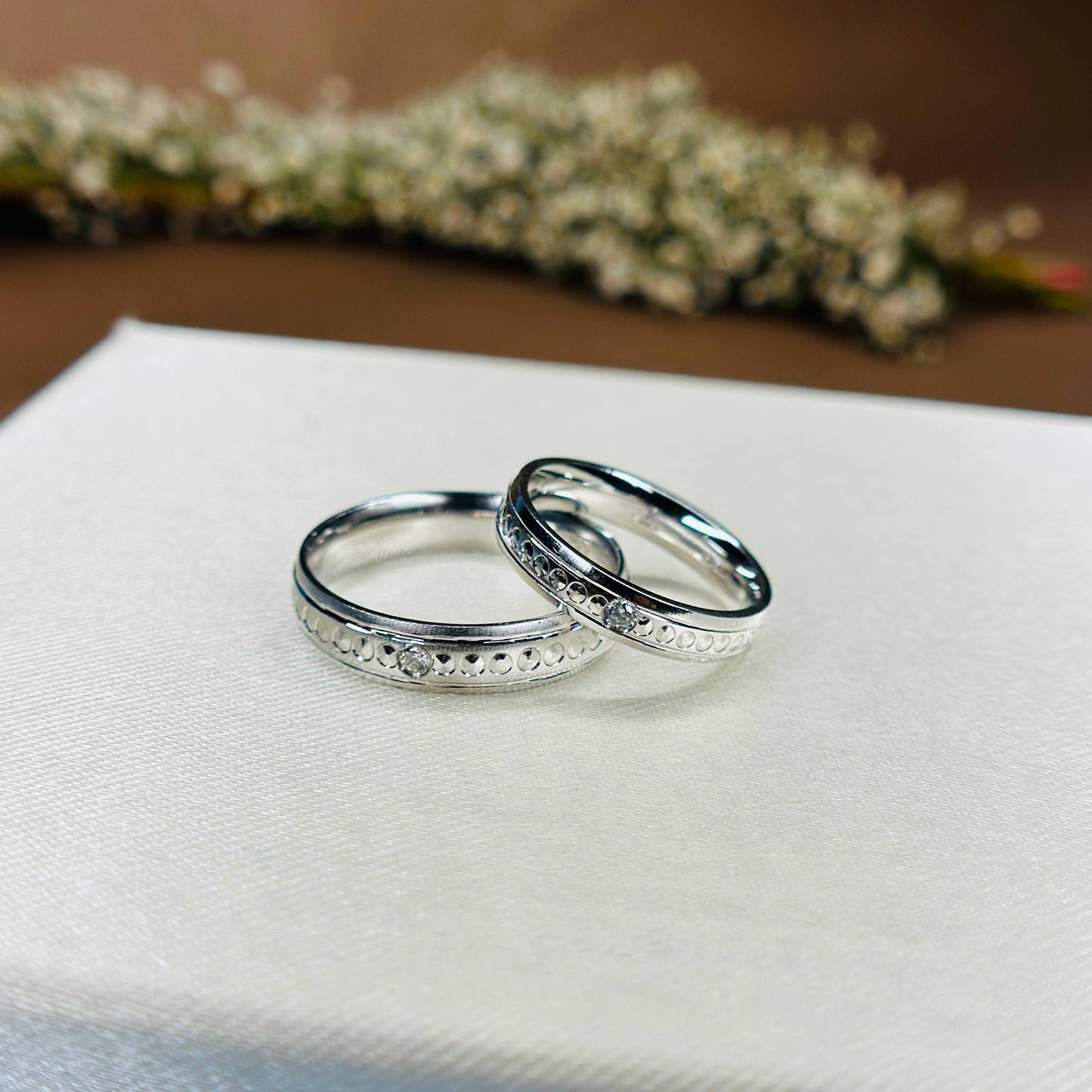 Patterned Band Couple Rings in Pure 925 Silver with CZ Accent