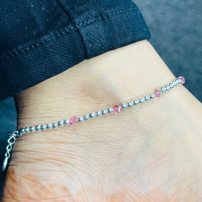 925 Sterling Silver Beaded Anklet with Colorful Crystals