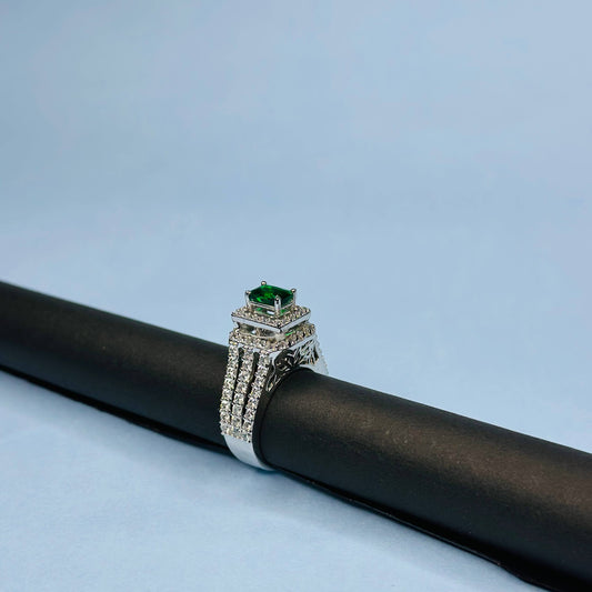 925 Sterling Silver Emerald-Cut Green CZ Royal Ring