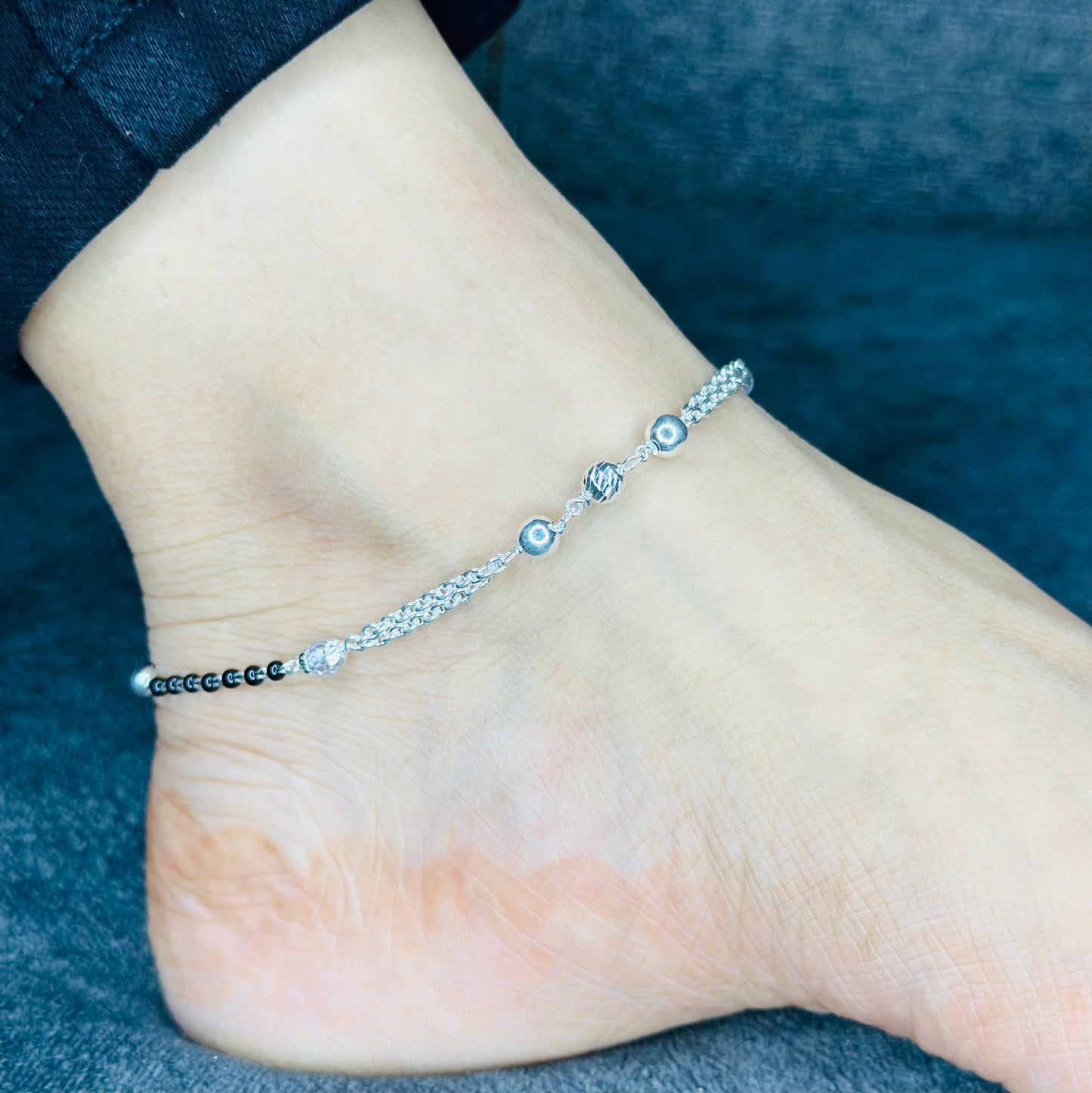 Sterling Silver Black Beaded Anklet with Charm