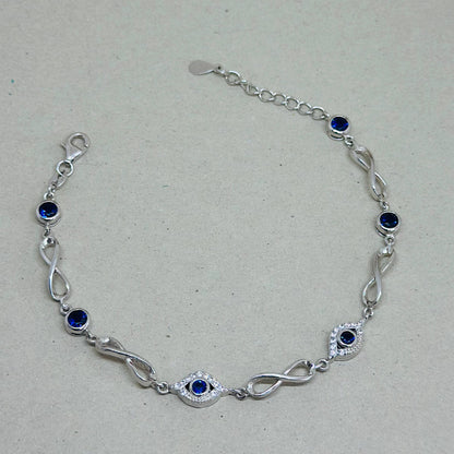 925 Sterling Silver Infinity & Evil Eye Bracelet with Blue Stones