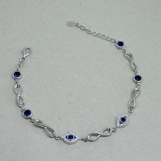 925 Sterling Silver Infinity & Evil Eye Bracelet with Blue Stones