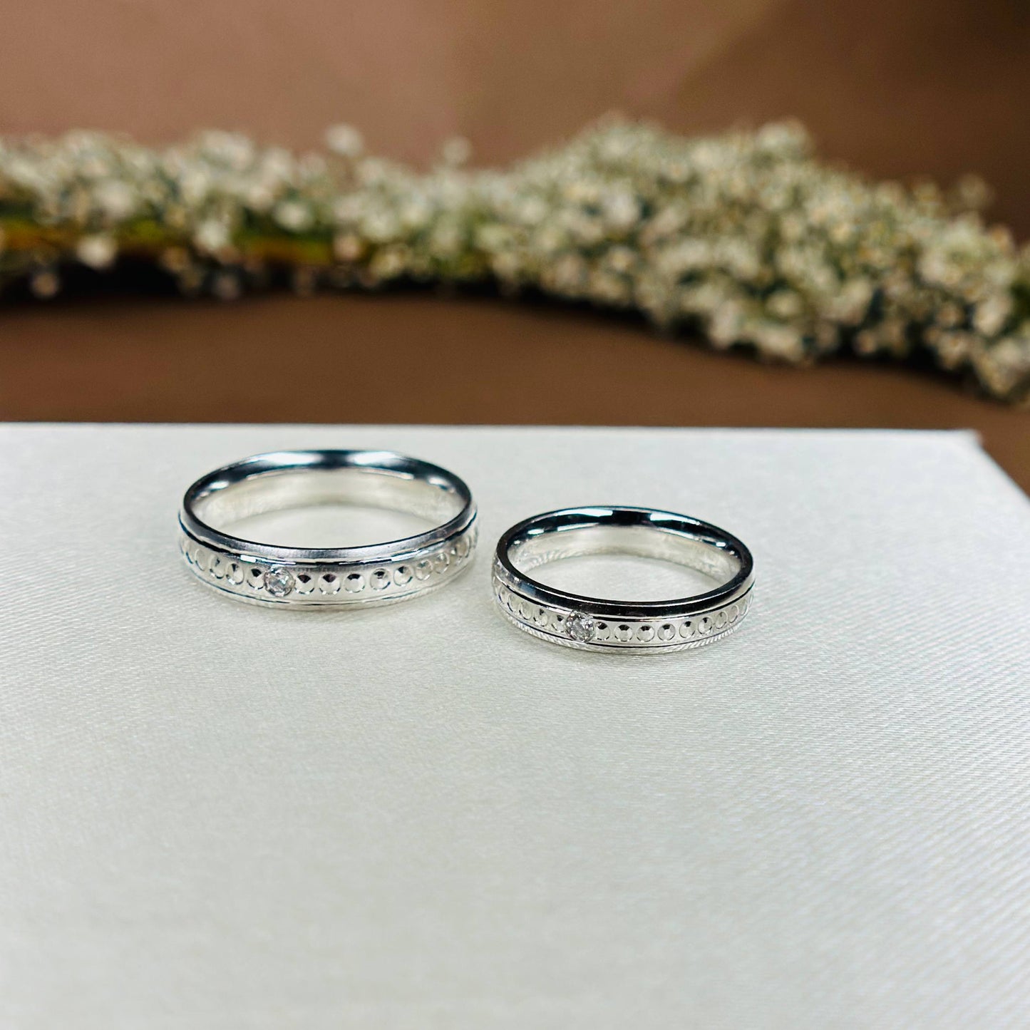 Patterned Band Couple Rings in Pure 925 Silver with CZ Accent