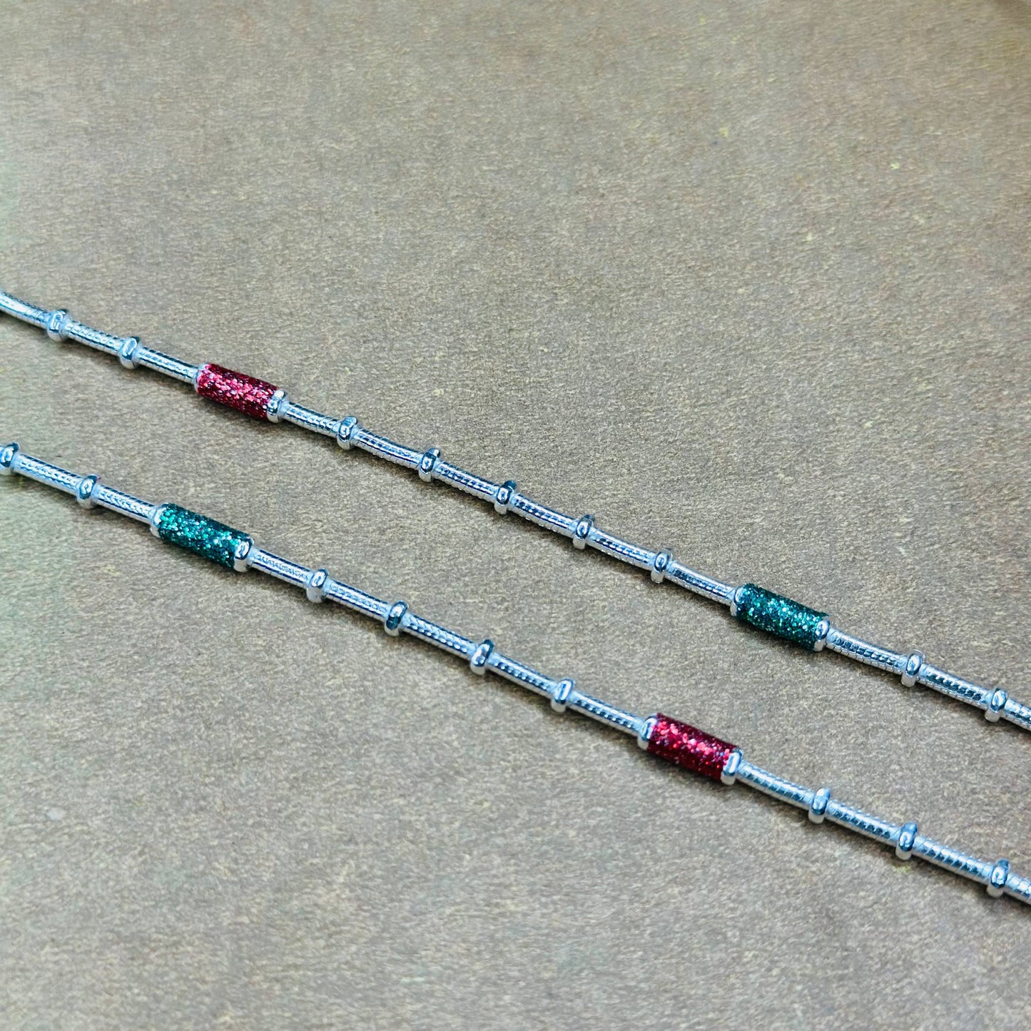Sterling Silver Red & Green Enamel Tube Anklet