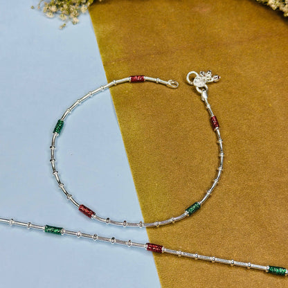 Sterling Silver Red & Green Enamel Tube Anklet