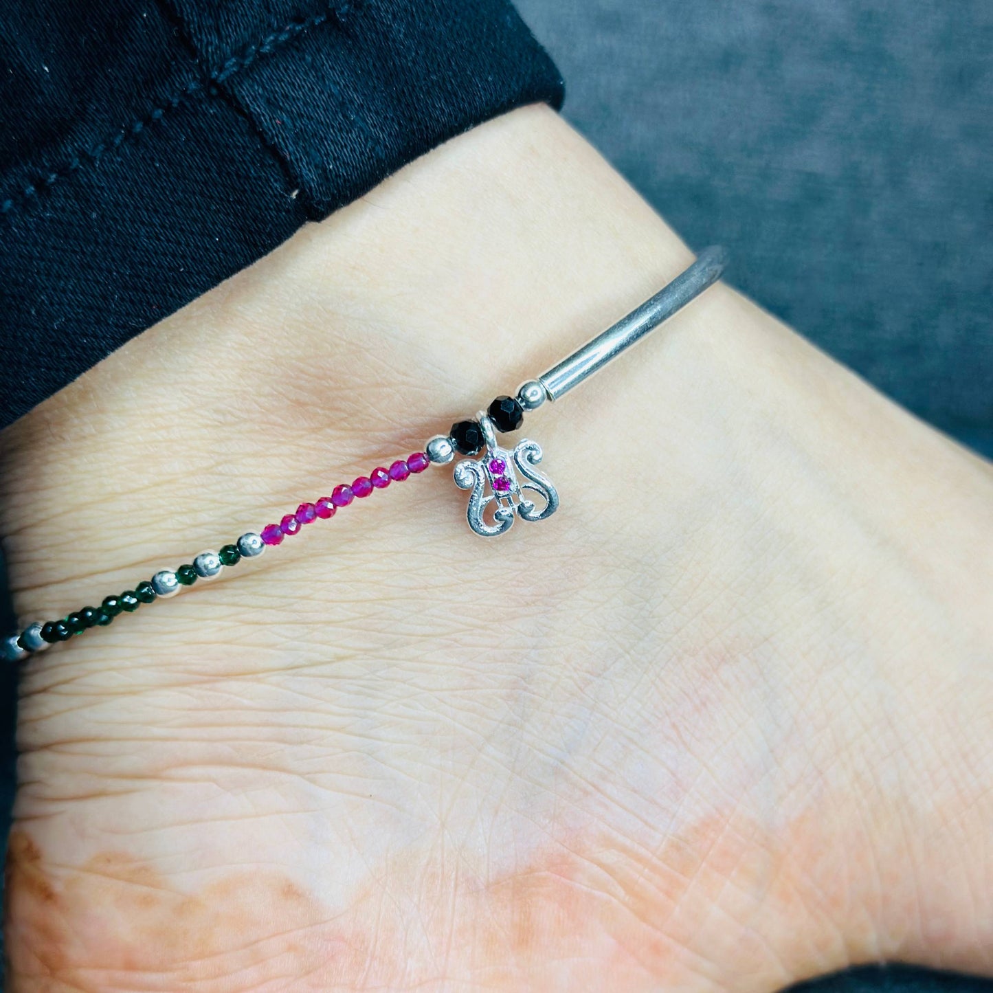 925 Sterling Silver Multicolor Beaded Anklet with Charm