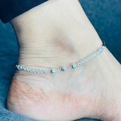 Sterling Silver Black Beaded Anklet with Charm