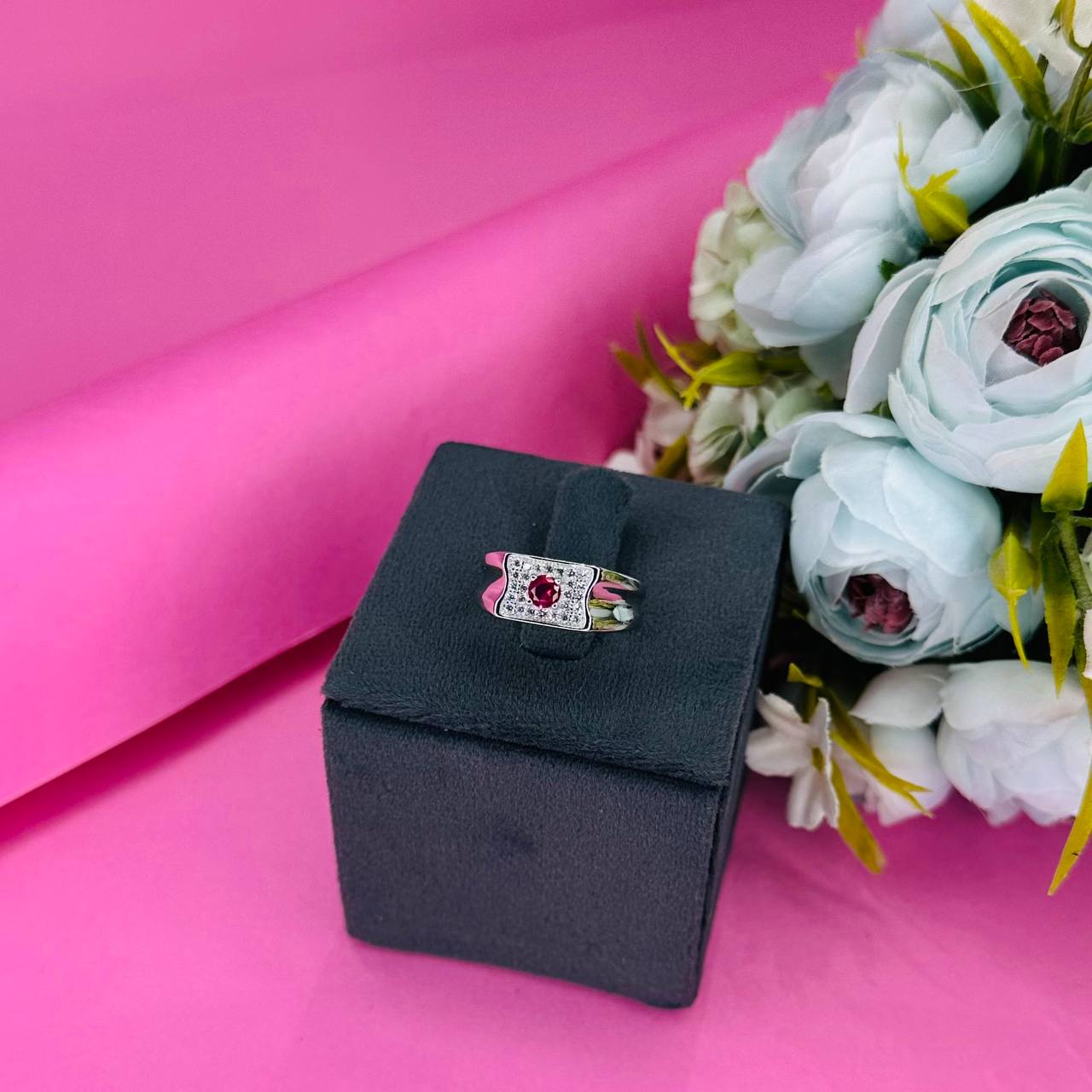 925 Sterling Silver Red Stone Square Men’s Ring