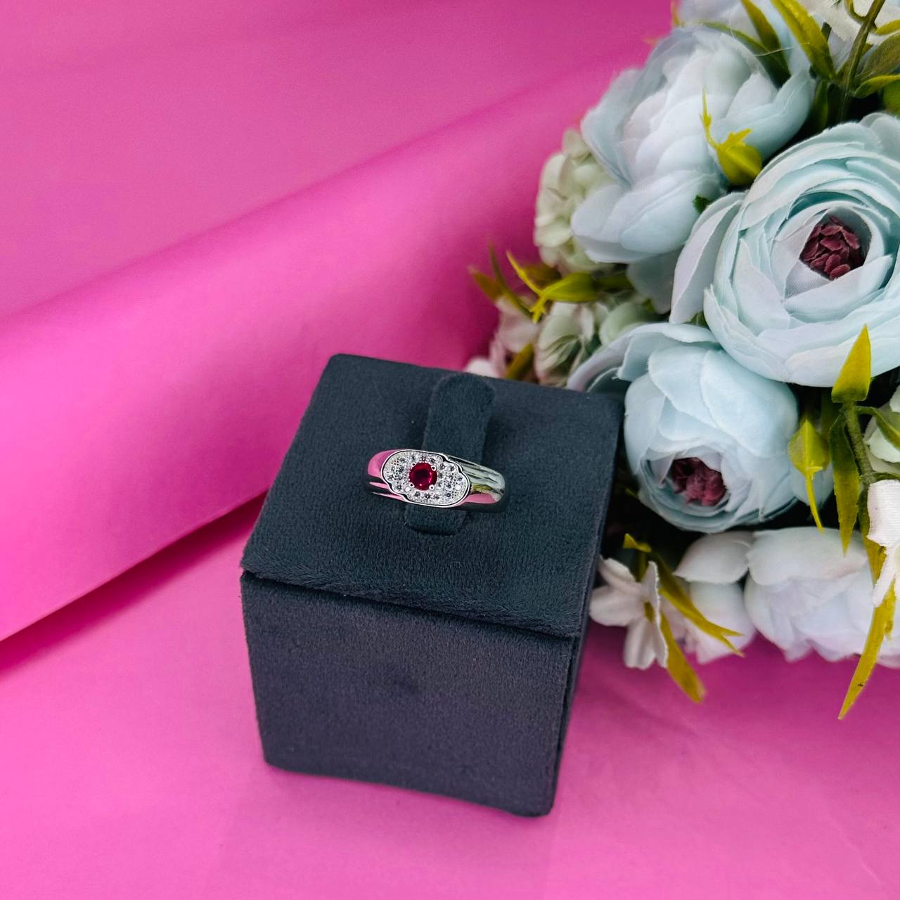 925 Sterling Silver Red Stone Oval Halo Men’s Ring