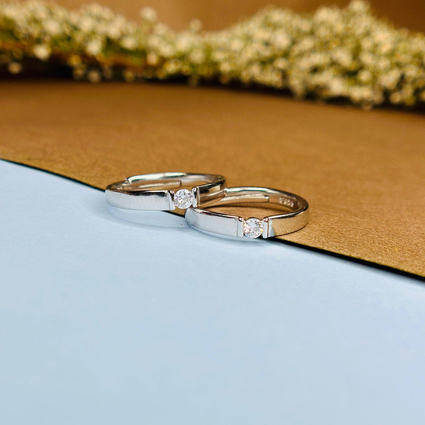 Elegant Couple Rings in Pure 925 Silver with CZ Centerpiece