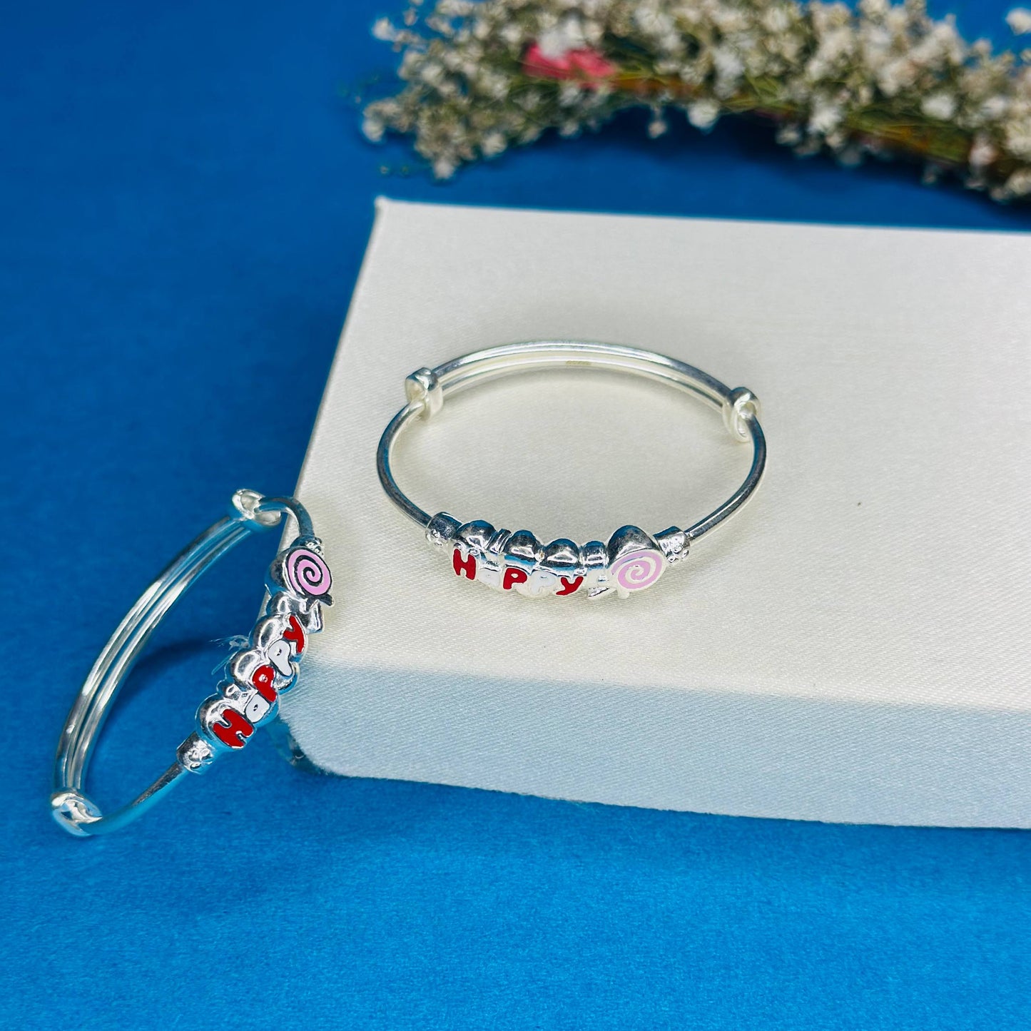 100% Pure Silver Kids Kada with “Happy” Design & Candy Charm