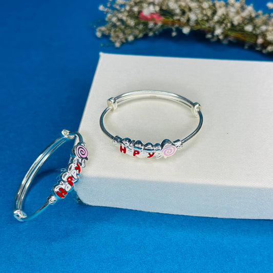 100% Pure Silver Kids Kada with “Happy” Design & Candy Charm