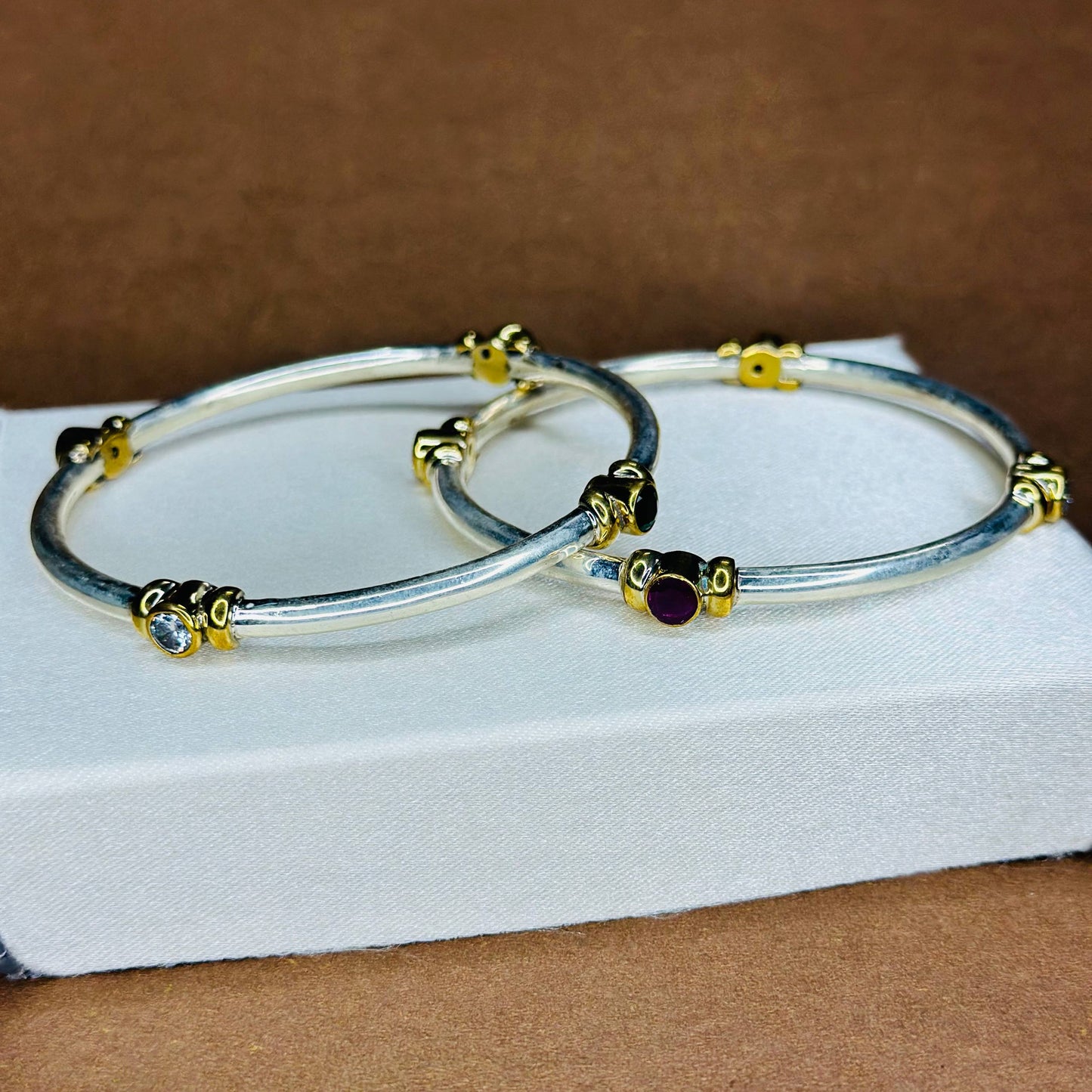 Dual Tone Gemstone Bangles in Pure 925 Silver with Gold Accents