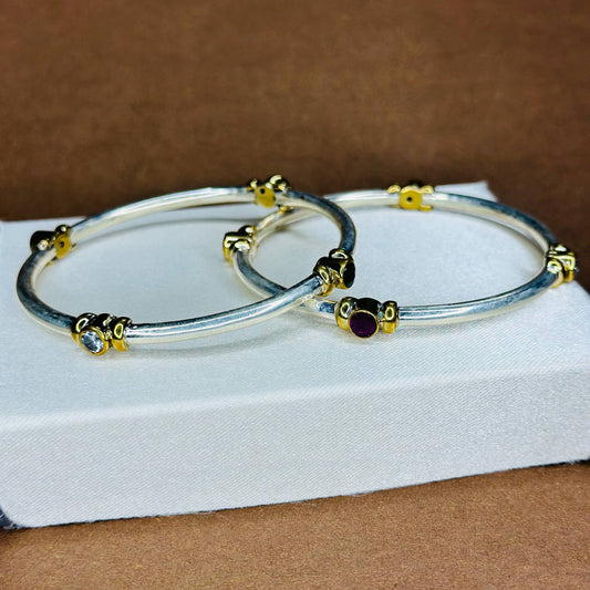 Dual Tone Gemstone Bangles in Pure 925 Silver with Gold Accents