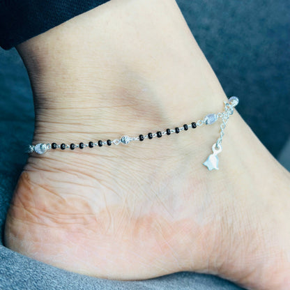 Sterling Silver Black Beaded Anklet with Charm