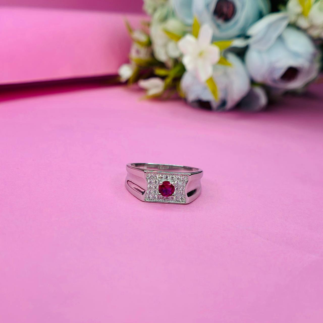 925 Sterling Silver Red Stone Square Men’s Ring