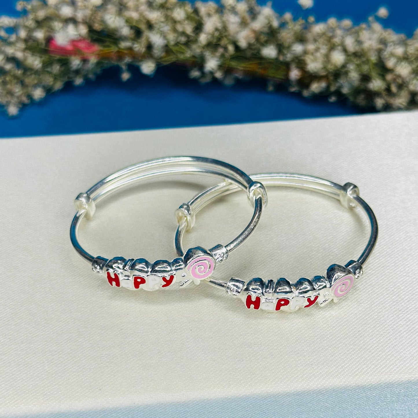 100% Pure Silver Kids Kada with “Happy” Design & Candy Charm