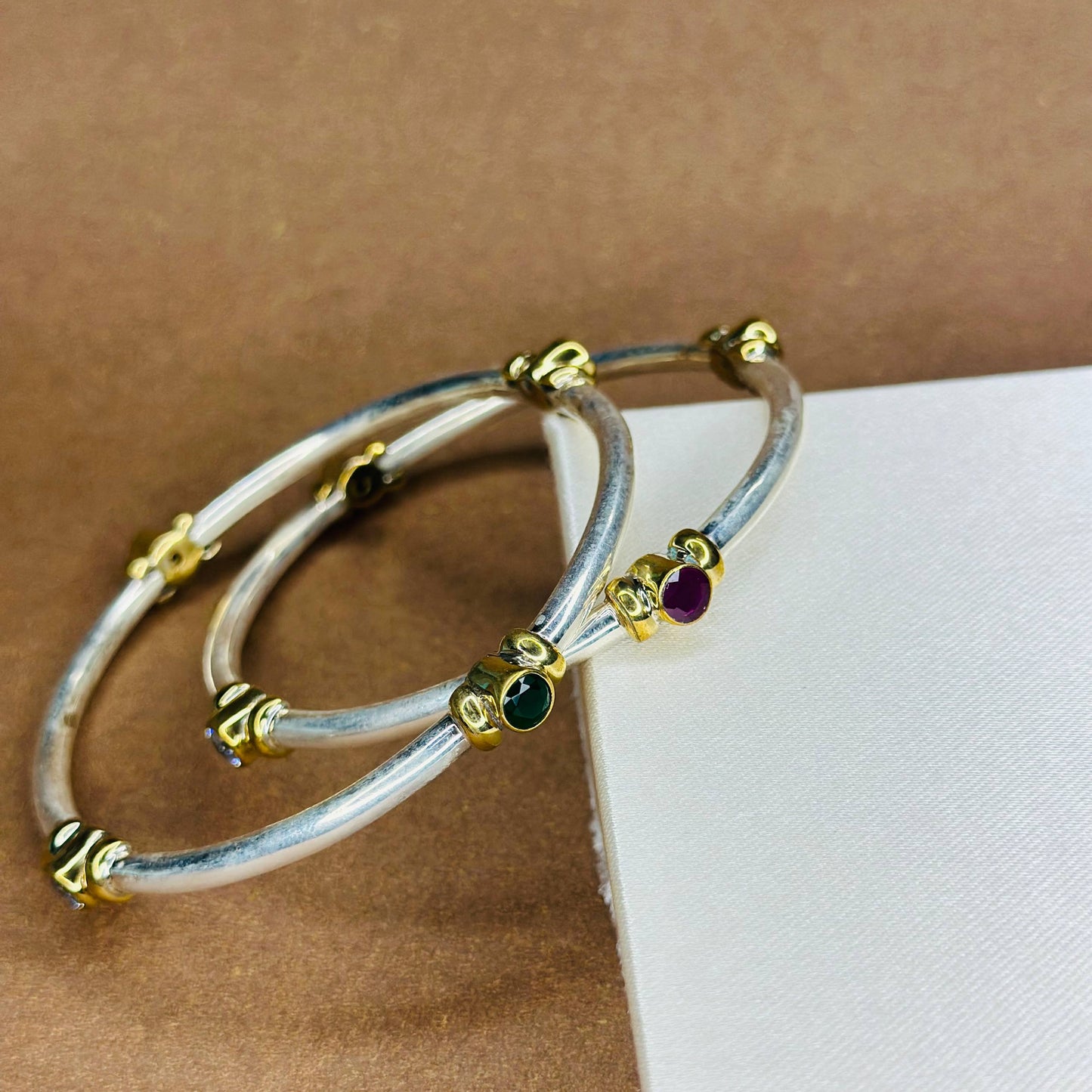 Dual Tone Gemstone Bangles in Pure 925 Silver with Gold Accents