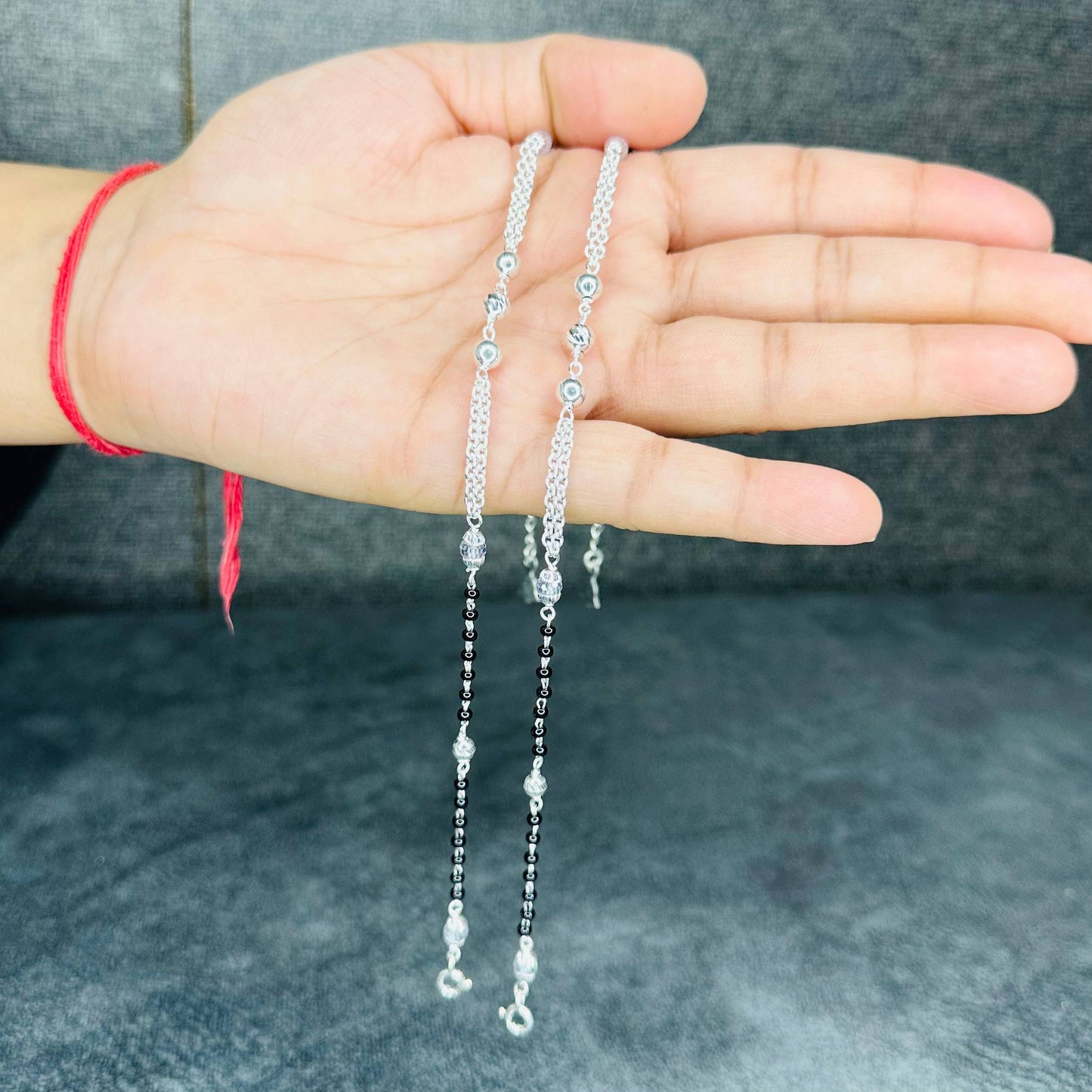 Sterling Silver Black Beaded Anklet with Charm