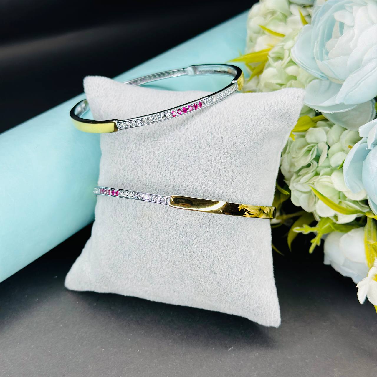 Silver Dual Tone Kada with CZ & Ruby Accents