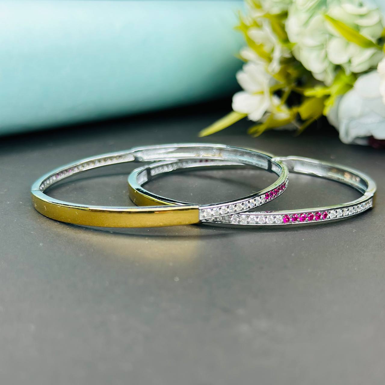 Silver Dual Tone Kada with CZ & Ruby Accents