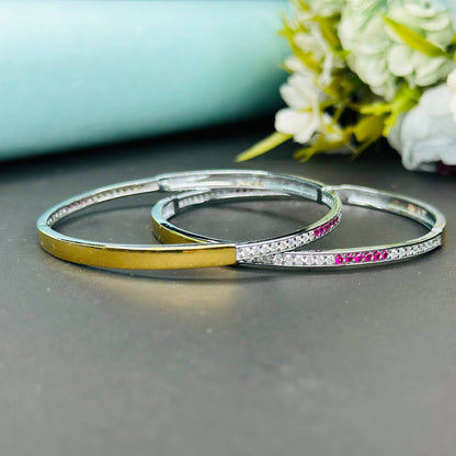 Silver Dual Tone Kada with CZ & Ruby Accents