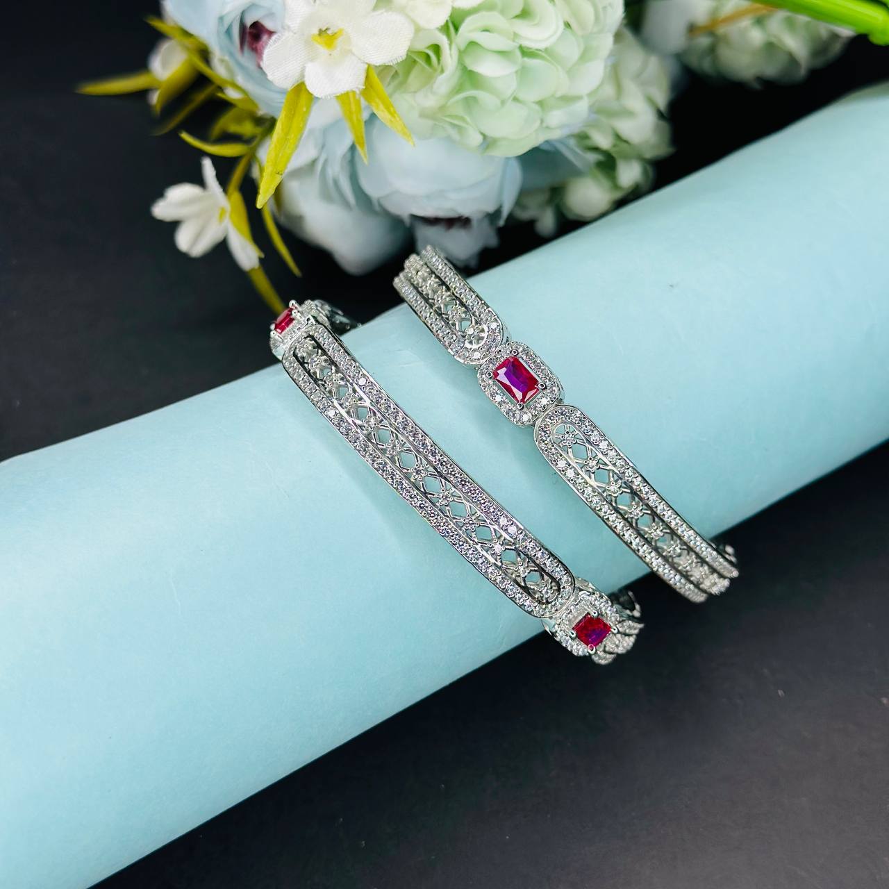 Royal Ruby-CZ Silver-Plated Designer Bangles