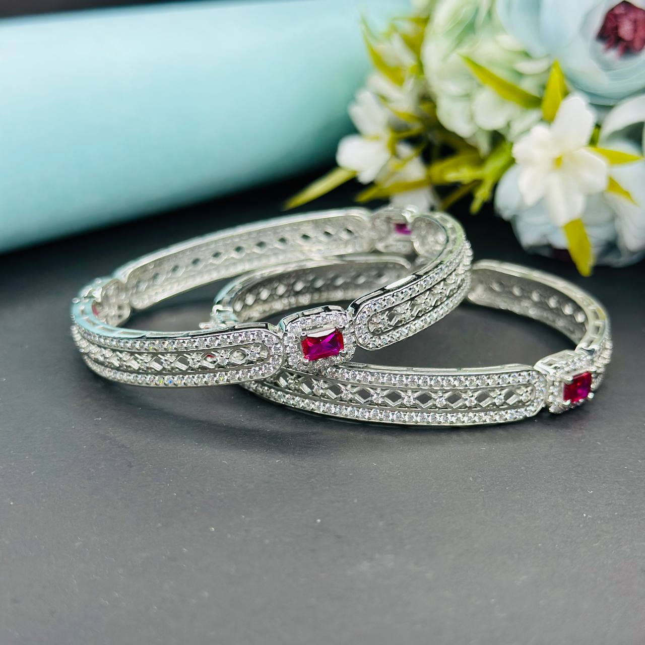 Royal Ruby-CZ Silver-Plated Designer Bangles