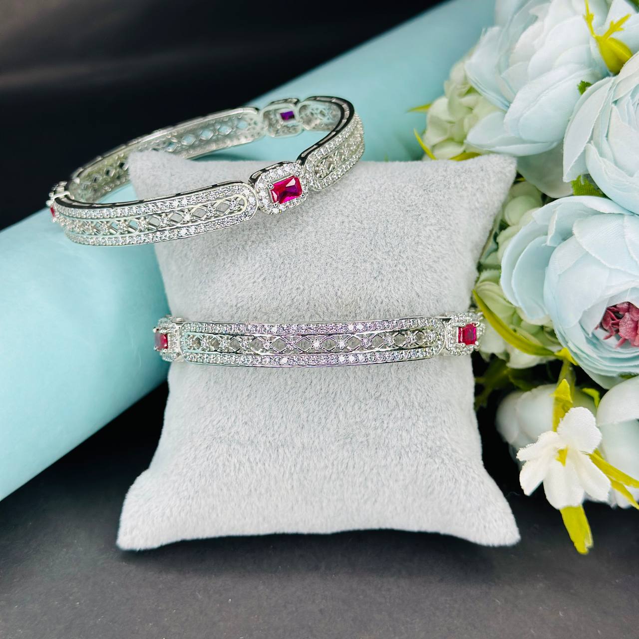 Royal Ruby-CZ Silver-Plated Designer Bangles