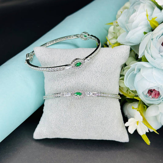 Elegant Silver-Plated Green Emerald-CZ Bangles
