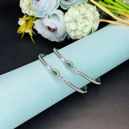 Elegant Silver-Plated Green Emerald-CZ Bangles