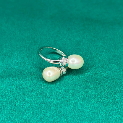 925 Silver Twin Drop Pearl Ring