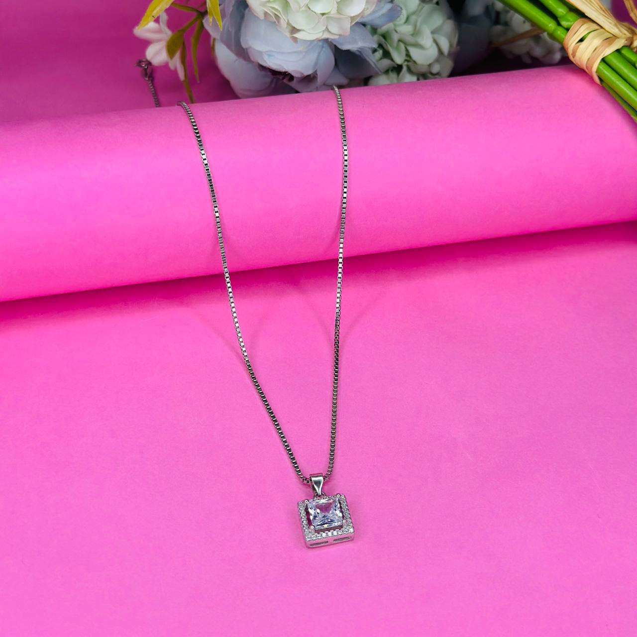 Crystal Grace – 925 Silver Square Pendant Necklace