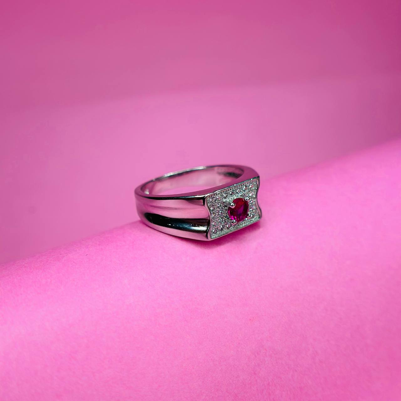 925 Sterling Silver Red Stone Square Men’s Ring