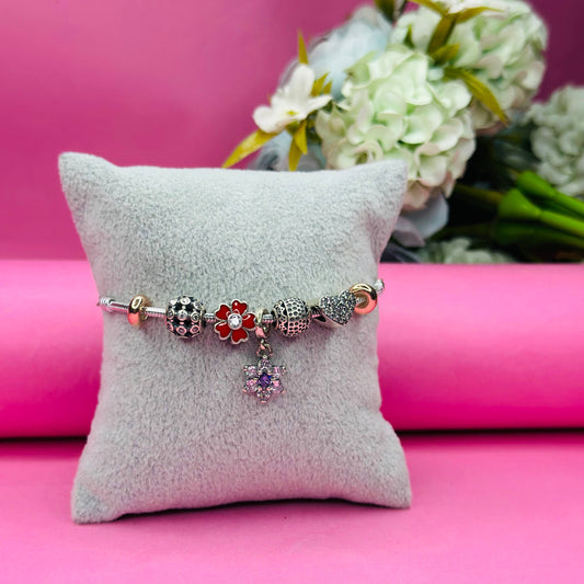 Romantic 925 Sterling Silver Charm Bracelet with Heart & Flower Accents