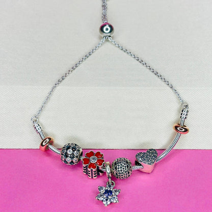 Romantic 925 Sterling Silver Charm Bracelet with Heart & Flower Accents