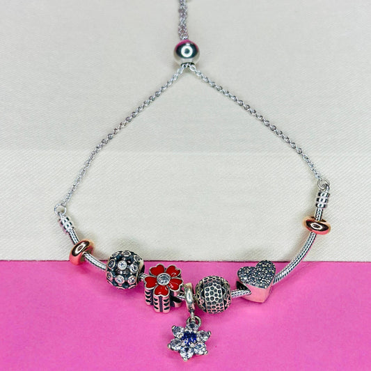 Romantic 925 Sterling Silver Charm Bracelet with Heart & Flower Accents