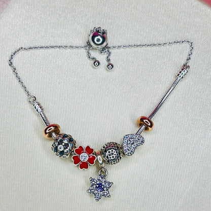 Romantic 925 Sterling Silver Charm Bracelet with Heart & Flower Accents