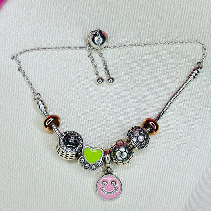 Pure 925 Silver Charm Bracelet with Colorful Beads & Smiley Pendant