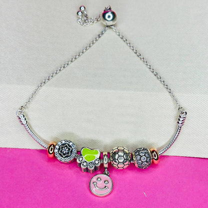Pure 925 Silver Charm Bracelet with Colorful Beads & Smiley Pendant