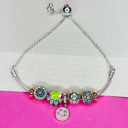 Pure 925 Silver Charm Bracelet with Colorful Beads & Smiley Pendant