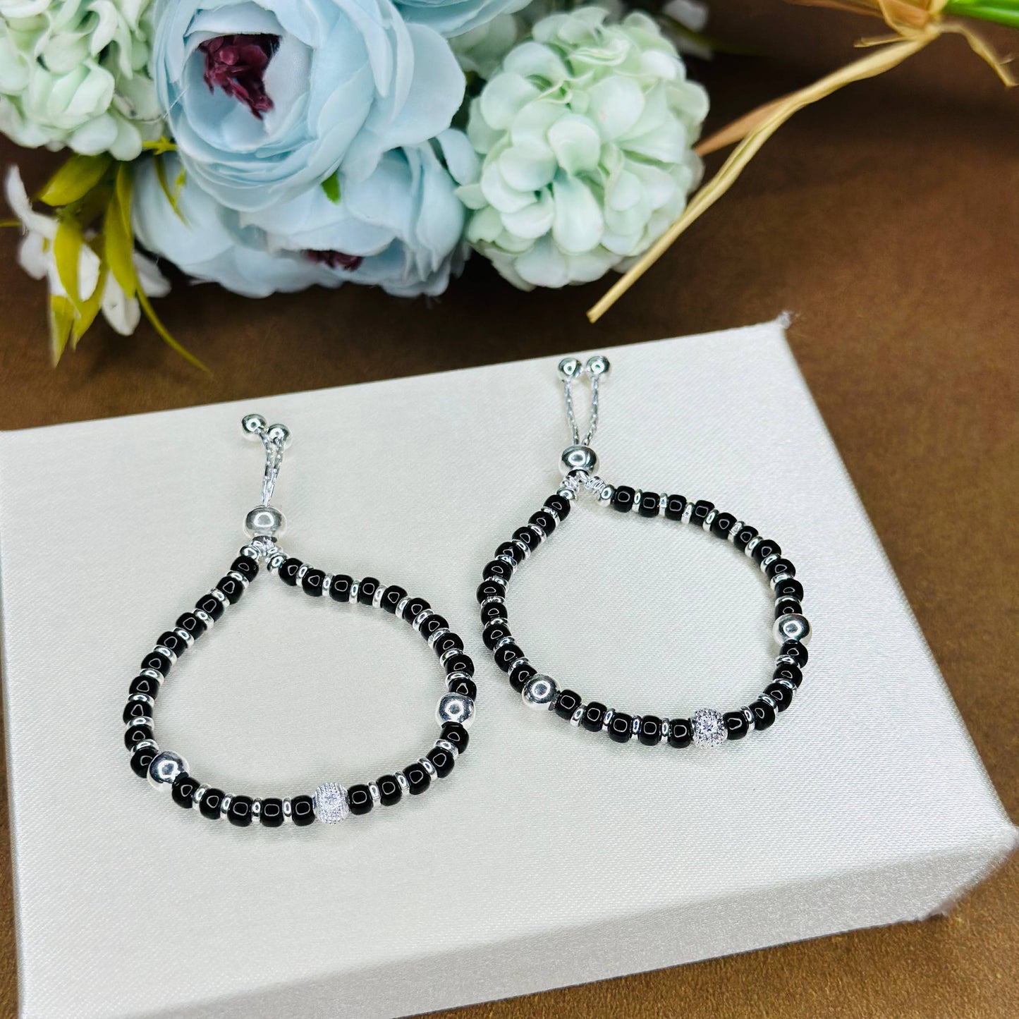 Silver Black Beaded Kids Bracelet (Pair)