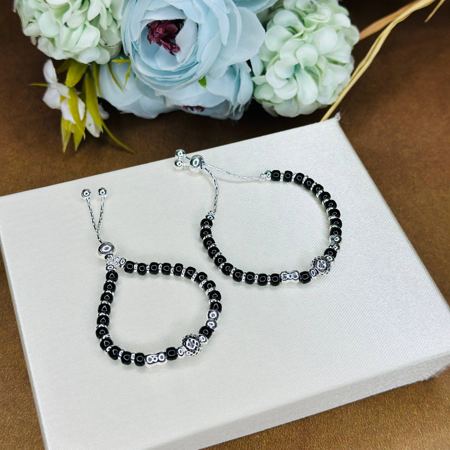 Silver Black Beaded Kids Bracelet with Designer Charm (Pair)