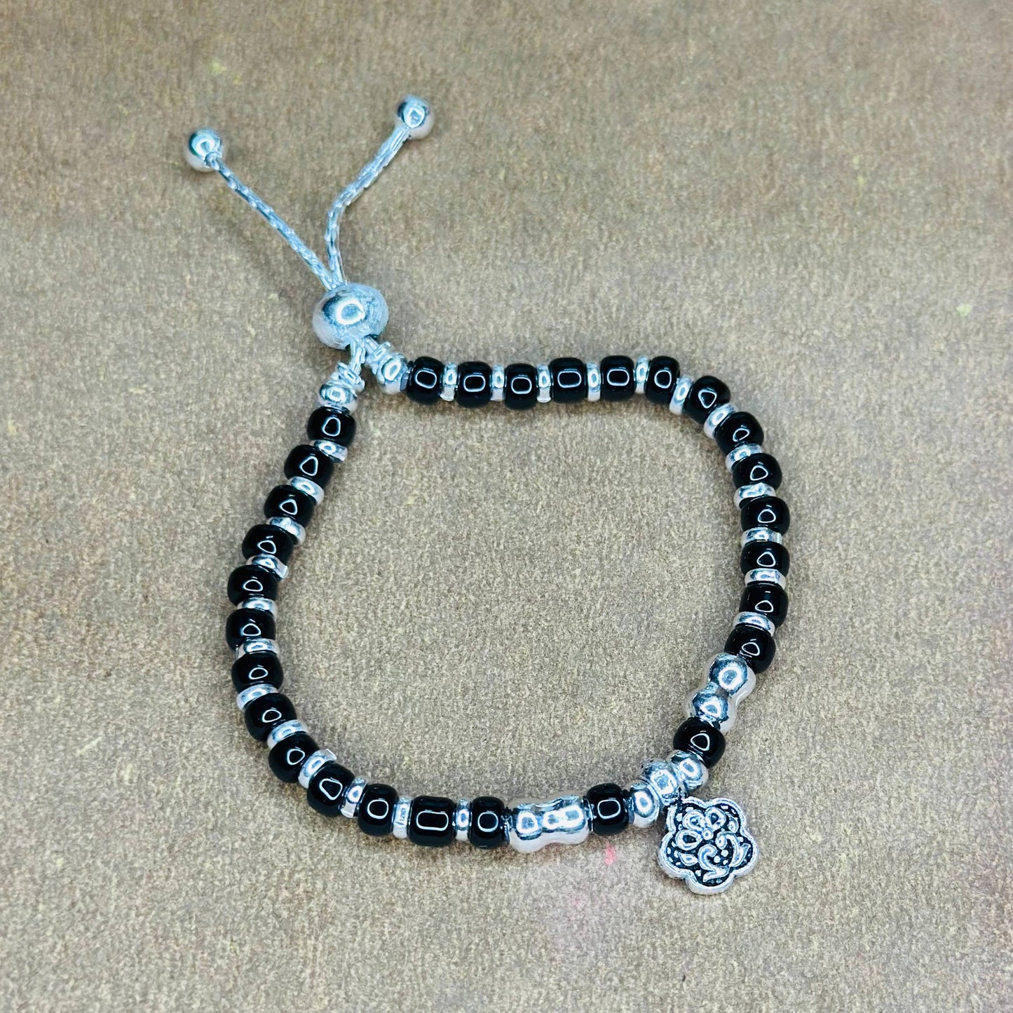 Silver Black Beaded Kids Bracelet with Floral Charm (Pair)