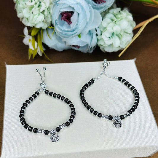 Silver Black Beaded Kids Bracelet with Floral Charm (Pair)