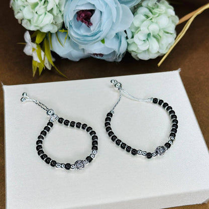 Silver Black Beaded Kids Bracelet with Designer Bead (Pair)